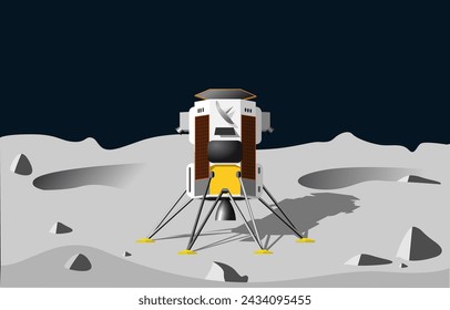 Lunar lander landing on a gray cratered landscape of the moon. Vector illustration