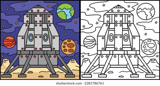 Lunar Lander on the Moon Coloring Illustration