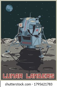 Lunar Lander Retro Future Illustration, Moon Surface, Craters, Starry Sky