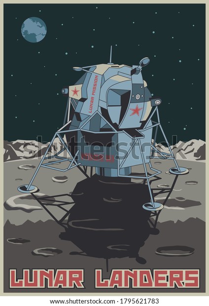 Lunar Lander Retro Future Illustration, Moon Surface,\
Craters, Starry Sky