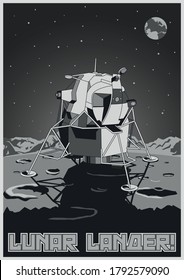 Lunar Lander Space Mission Retro Future Space Propaganda Poster Style, Moon Surface, Earth, Starry Sky