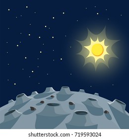 Lunar landscape and Sun in the sky. Vector illustration.