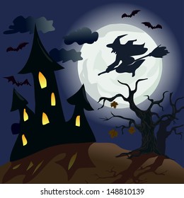 lunar landscape with witch. Halloween. vector illustration
