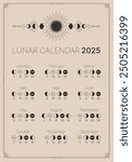Lunar map for 2025. Astrological calendar banner, poster, card, lunar chart. Lunar Phase Calendar. Moon calendar on a dark blue background. Vector illustration of the lunar calendar.