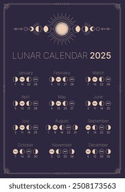 Mapa lunar para 2025. Calendario astrológico Anuncio, cartel, tarjeta, carta lunar. Calendario de Fase Lunar. Calendario lunar aislado sobre fondo azul oscuro. Ilustración vectorial del calendario lunar.