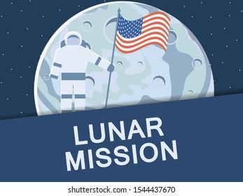Lunar mission. Astronaut with american flag on the moon. Vector illustration
