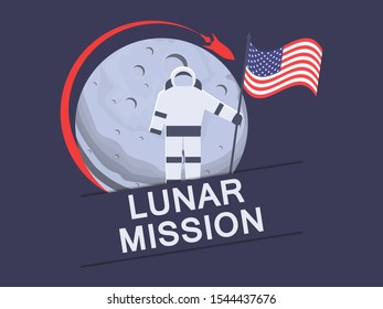 Lunar mission. Astronaut with american flag on the moon. Rocket flying around the moon. Vector illustration