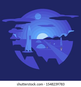 Lunar mission discover a possibility to travel in universe to other planets. Flat vector space picture.