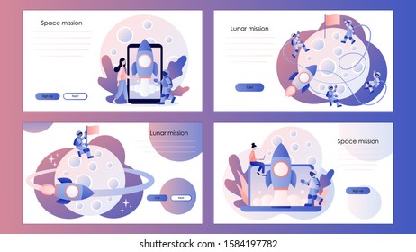 Lunar mission space exploration. Tiny astronauts in space. Screen template  Modern flat cartoon style. Vector