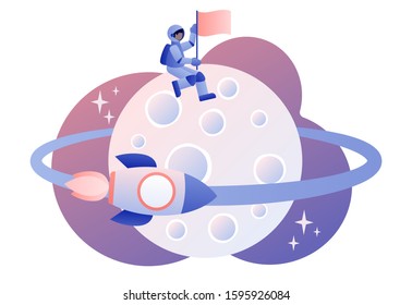 Lunar mission space exploration. Tiny astronauts in space. Spaceship travel to moon. Rocket flying around Moon orbit. Modern flat cartoon style. Vector illustration