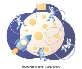 Lunar mission space exploration. Tiny astronauts in space. Spaceship travel to moon. Rocket flying around Moon orbit. Modern flat cartoon style. Vector illustration