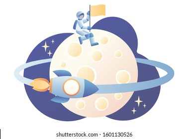Lunar mission space exploration. Tiny astronauts in space. Spaceship travel to moon. Rocket flying around Moon orbit. Modern flat cartoon style. Vector illustration