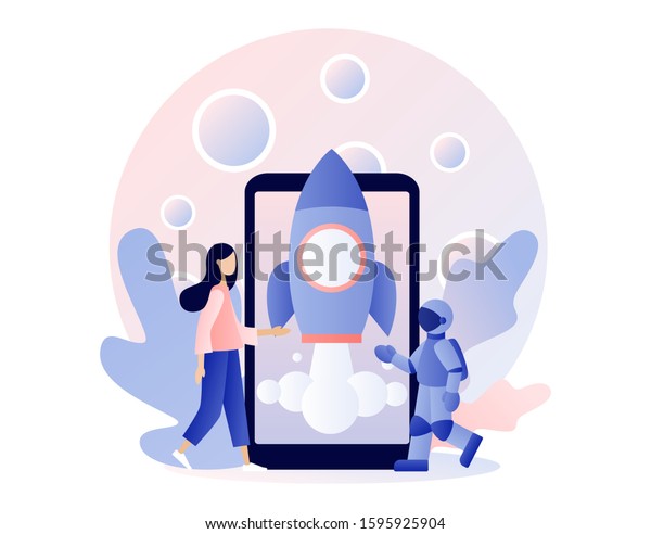 Lunar mission space\
exploration. Tiny girl launches a rocket from a smartphone in\
space. Spaceship travel to moon. Modern flat cartoon style. Vector\
illustration