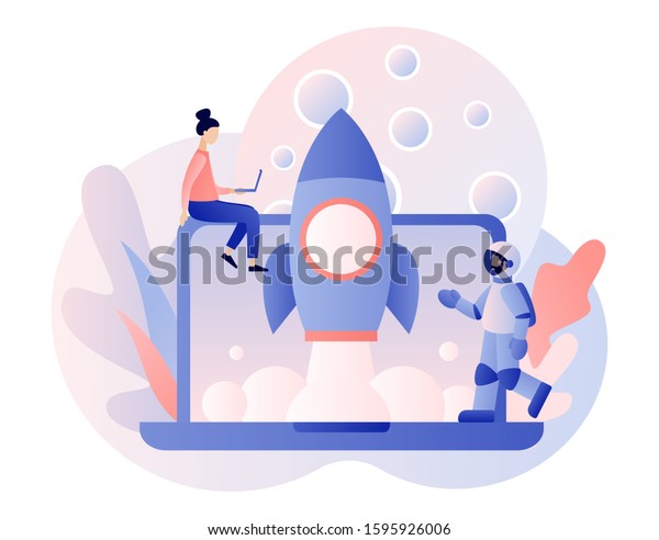 Lunar mission space exploration. Tiny people\
launches a rocket in space. Spaceship travel to moon. Rocket flying\
around Moon orbit. Astronauts in space. Modern flat cartoon style.\
Vector illustration