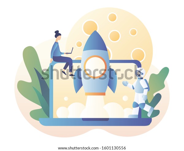 Lunar mission space exploration. Tiny people\
launches a rocket in space. Spaceship travel to moon. Rocket flying\
around Moon orbit. Astronauts in space. Modern flat cartoon style.\
Vector illustration