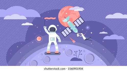 Lunar mission space exploration vector illustration. Flat tiny astronaut person concept. Spaceship travel to moon, galaxy or universe. Satellite and observatory station. Science and future tourism.