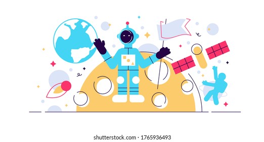 Lunar mission space exploration vector illustration. Flat tiny astronaut person concept. Spaceship travel to moon, galaxy or universe. Satellite and observatory station. Science and future tourism.