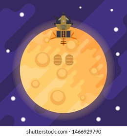 Lunar Module And Footprints Of The First Man On The Moon. Vector Flat Illustration