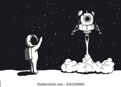 Lunar Module Launch,landing On Moon.Astronaut Welcomes Their.Space Vector Illustration