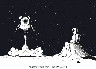 Lunar module launch,landing on Moon.Astronaut observes him, sitting on the lunar surface .Space vector illustration