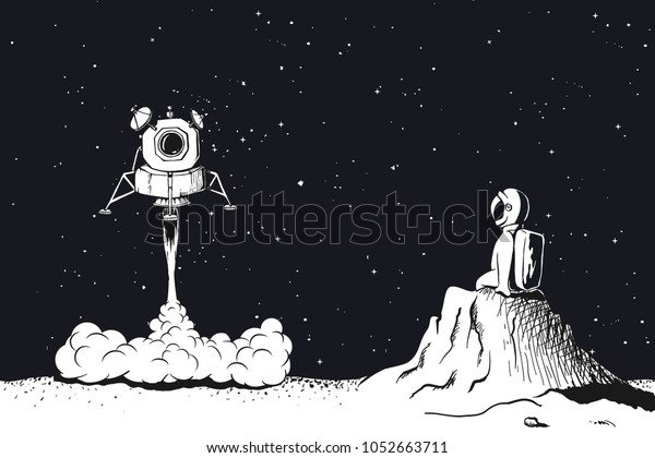 Lunar module\
launch,landing on Moon.Astronaut observes him, sitting on the lunar\
surface .Space vector\
illustration