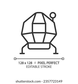 Lunar module pixel perfect linear icon. Moon lander. Space flight. Apollo spacecraft. Aeronautical engineering. Thin line illustration. Contour symbol. Vector outline drawing. Editable stroke