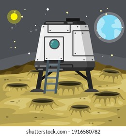 Lunar module of Spacecraft and living quarters. Future and science. Colony base of astronaut on Moon. Flat cartoon. Space flight and modern colonization technologies