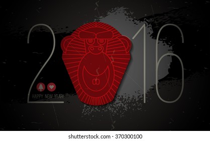 Lunar new year 2016 design. Monkey - chinese new year background. Monkey face in 2016 typing. Chinese zodiac: monkey. Red monkey face on black grunge background. Vector design element.