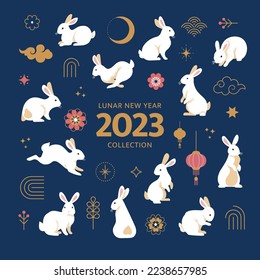 Lunar New Year 2023 rabbits collection. Vector cartoon illustration of 12 white rabbits in different actions surround by natural and abstract objects in Chinese graphic style. Isolated on background