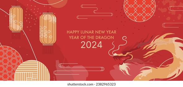 Lunar New Year 2024 Dragon Banner. Festive Chinese Celebration Design with Traditional Lanterns and Modern Artistic Illustration