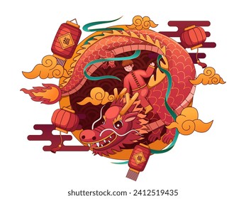  Lunar New Year 2024 Year of the Dragon illustration featuring people joyfully riding a red dragon. Surrounded cloud and lantern, capturing the spirit and symbolizing prosperity and cultural richness