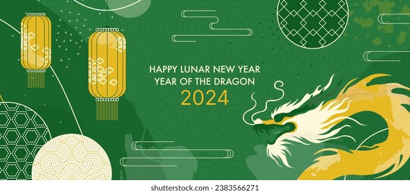 Lunar New Year 2024 Green Dragon Banner. Festive Chinese Celebration Design with Traditional Lanterns and Oriental Decorations.