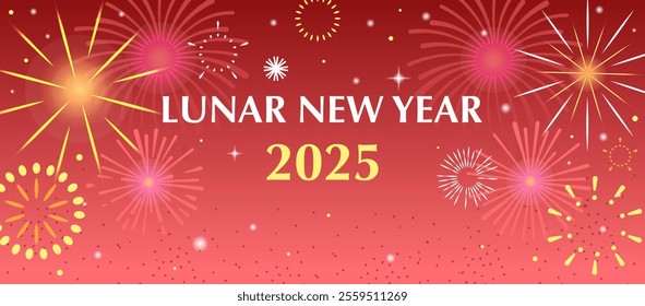 Lunar New Year 2025 fireworks banner with red and gold festive background vector design