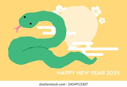 Lunar new year 2025 funny greetings card. Zodiac snake on moon background with auspicious clouds and plum blossoms pattern. Chinese new year of the snake card.