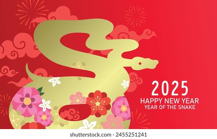 Patrón de la serpiente y las flores de la tarjeta de felicitación del año nuevo lunar 2025. Ilustración vectorial de serpiente del zodíaco del año nuevo chino.