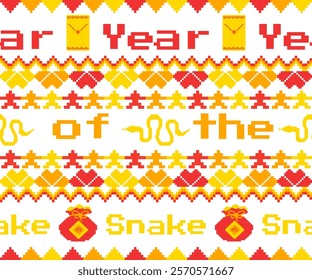 Lunar New Year 2025: Year of the Snake pixel art design with traditional symbols.