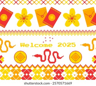 Lunar New Year 2025: Year of the Snake pixel art design with traditional symbols.