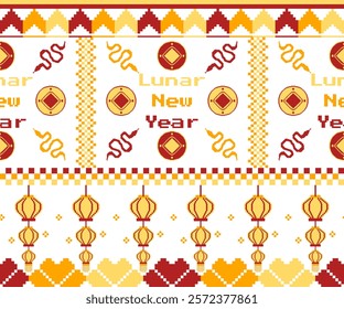 Lunar New Year 2025, Year of the Snake pixel art celebration with festive motifs.