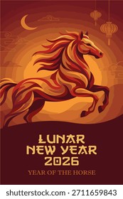 Afiche de Vector del Año Nuevo Lunar 2026 con caballo ardiente, Elementos rojos y dorados, linternas colgantes y luna, celebrando el Año del Caballo en estilo oriental moderno.