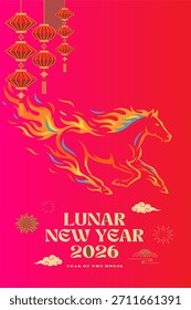 Lunar New Year 2026 vector illustration of running fire horse with lantern decorations on bright pink background, modern festive design for Year of the Horse.