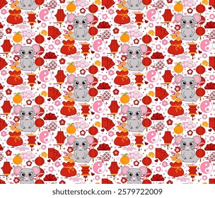 Lunar New Year 2032 mouse rat vector Seamless Pattern.  Red Lantern and Fortune Elements. CNY Background for Wallpapers, Arcade Games and Festive Decor Celebrations.
