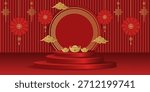 Lunar New Year 3D product display podium. Red and gold stage with sycee, lanterns, and traditional Chinese knots background.