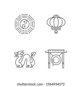 Lunar New Year attributes linear icons set. Bagua, feng shui. Paper lantern. Loong dragon. Chinese gong. Customizable thin line contour symbols. Isolated vector outline illustrations. Editable stroke