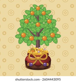 Lunar New Year auspicious decorations, kumquat potted plants and cornucopia. For use in cards, banners and other print media.