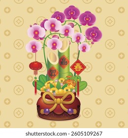 Lunar New Year auspicious decorations, treasure bowl, orchids, Firecracker, Couplets, Lantern, Sache and hanging ornaments. For use in cards, banners and other print media.