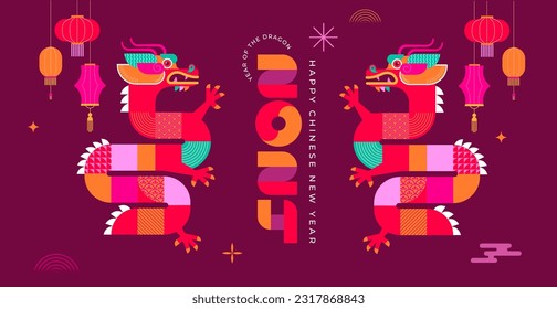 Lunar new year background, banner, Chinese New Year 2024 , Year of the Dragon. Geometric vector flat modern style