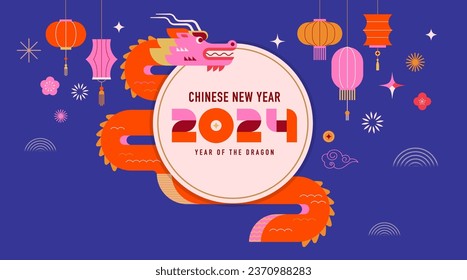 Lunar new year background, banner, Chinese New Year 2024 , Year of the Dragon. Geometric vector flat modern style