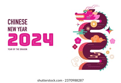 Lunar new year background, banner, Chinese New Year 2024 , Year of the Dragon. Geometric vector flat modern style