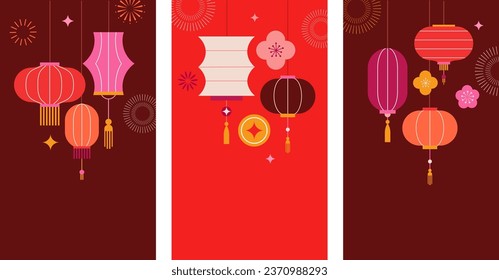 Lunar new year background, banner, story template. Chinese New Year 2024 , Year of the Dragon. Geometric modern vector style