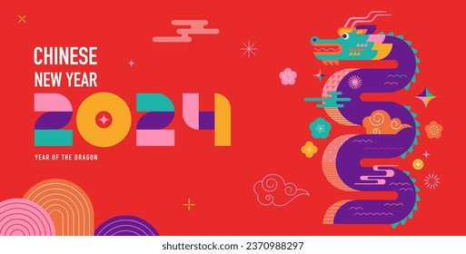 Lunar new year background, banner, Chinese New Year 2024 , Year of the Dragon. Geometric vector flat modern style